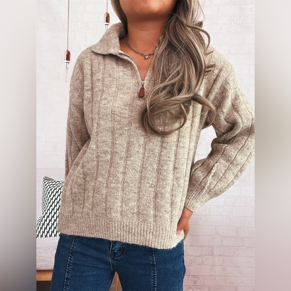 Ribbed Hem Quarter Zip Sweater